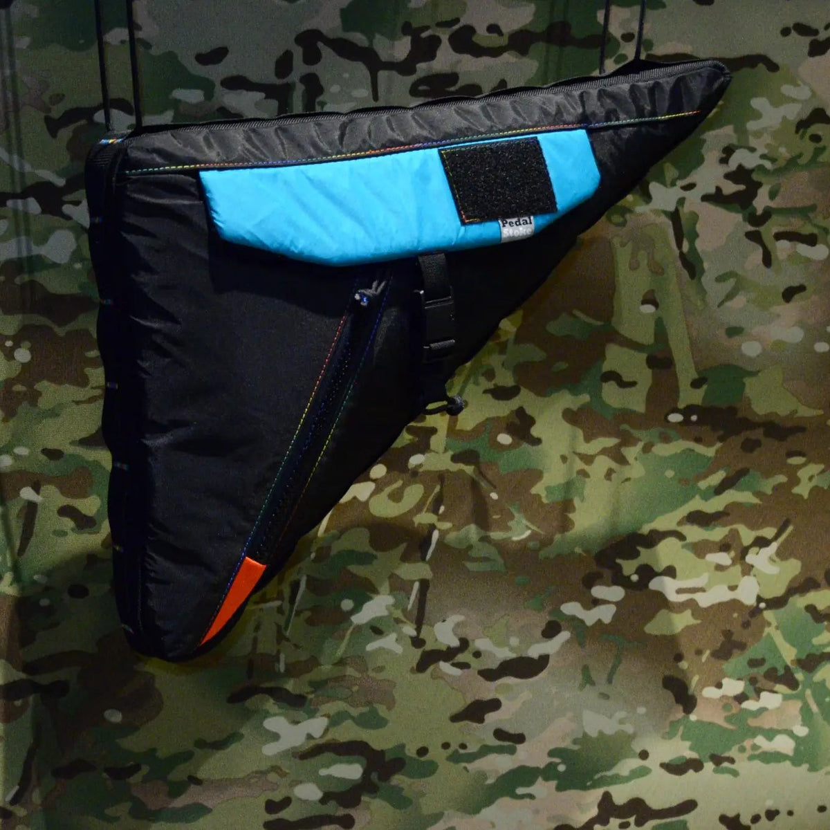 Custom Full-Frame bag Drive Side view with Teal Flap, Rainbow thread & Orange zipper accent