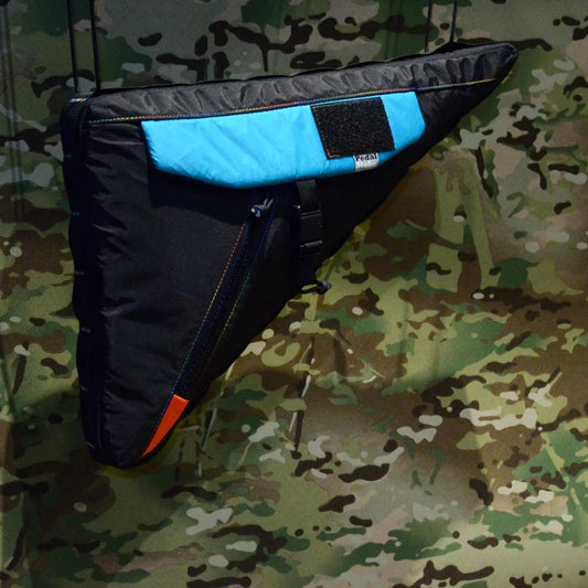 Custom Full-Frame bag Drive Side view with Teal Flap, Rainbow thread & Orange zipper accent